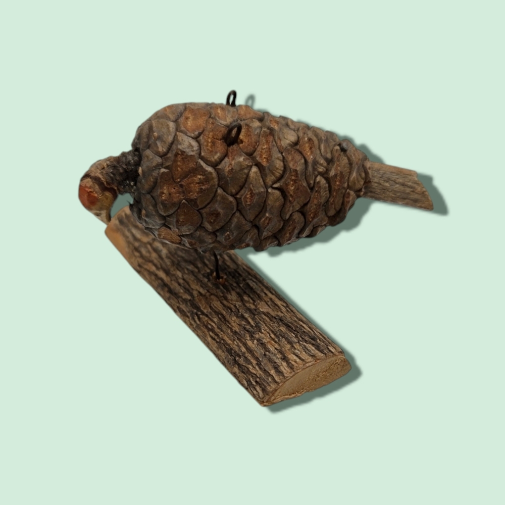 Vintage Americana Folk Art Pinecone Turkey Primitive Perched on Log